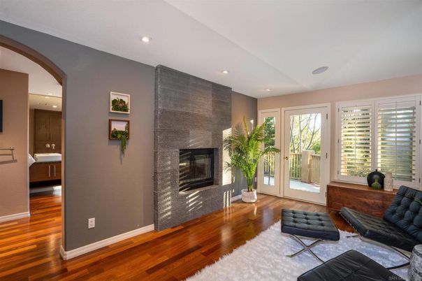 Fireplace, Interior, Living room, Recessed Lighting, Wood Texture Flooring