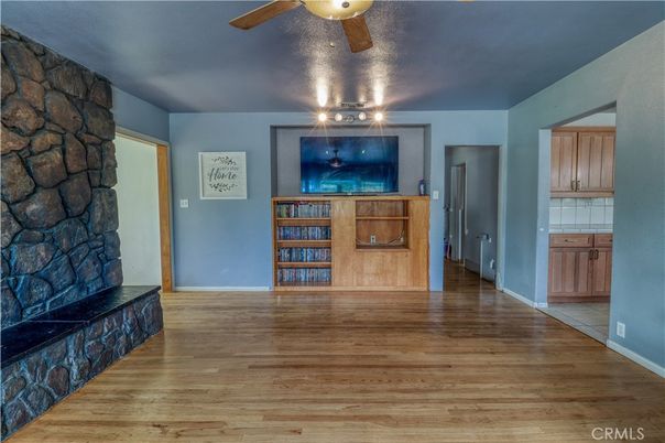 Empty room, Fireplace, Interior, Stone Walls, Wood Texture Flooring