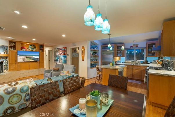 Dining room, Fireplace, Interior, Kitchen, Living room, Pendant Lights, Recessed Lighting, Wood Texture Flooring
