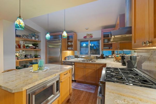 Interior, Kitchen, Pendant Lights, Stainless Steel Appliances, Wood Texture Flooring