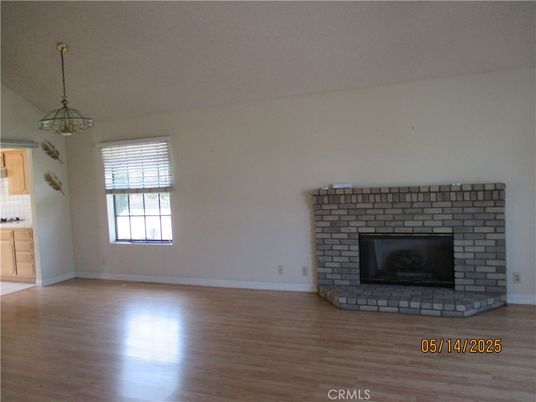 Empty room, Fireplace, Interior, Pendant Lights, Wood Texture Flooring