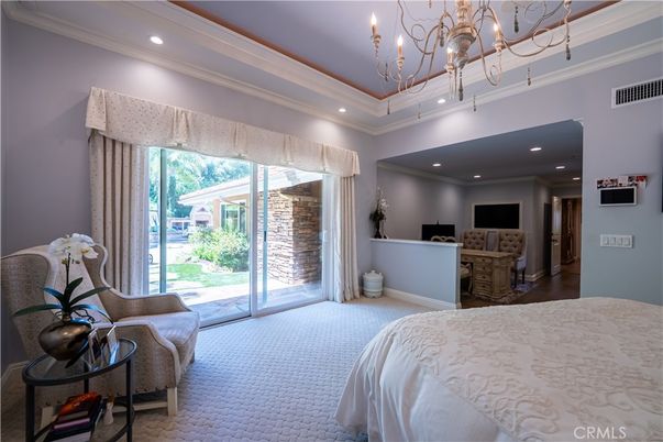 Bedroom, Chandelier, Interior, Recessed Lighting, Wood Texture Flooring
