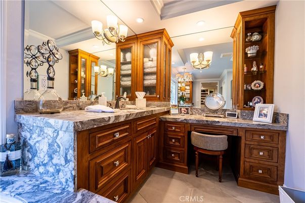 Bathroom, Chandelier, Dual Sink Vanities, Interior, Recessed Lighting