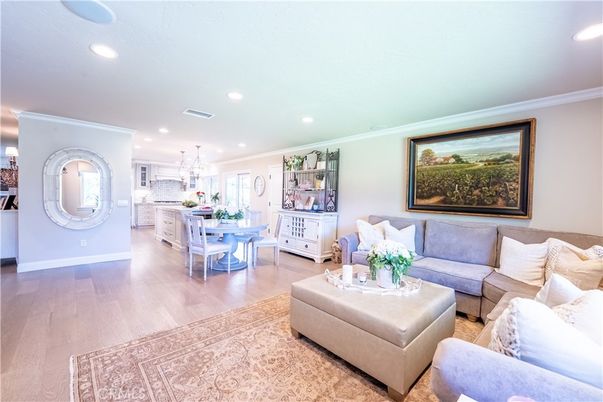 Chandelier, Dining room, Interior, Kitchen, Living room, Pendant Lights, Recessed Lighting, Wood Texture Flooring