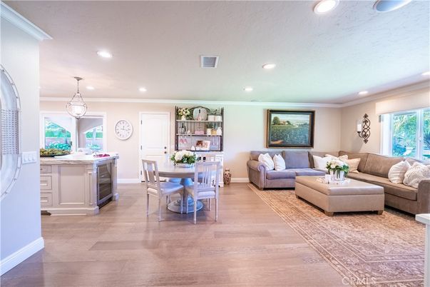 Dining room, Interior, Living room, Pendant Lights, Recessed Lighting, Wood Texture Flooring