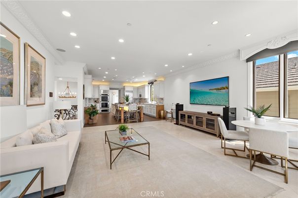 Dining room, Interior, Kitchen, Living room, Recessed Lighting, Stainless Steel Appliances, Wood Texture Flooring