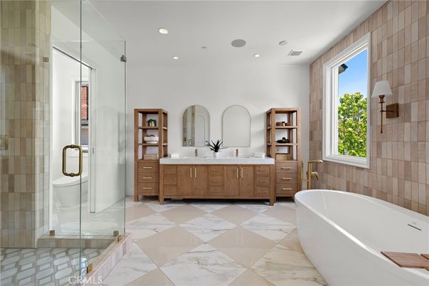 Bathroom, Dual Sink Vanities, Free Standing Baths, Glass Shower, Interior, Marble, Recessed Lighting
