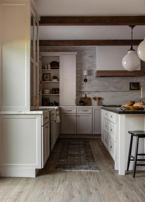 Interior, Kitchen, Pendant Lights, Recessed Lighting, Stainless Steel Appliances, Wooden Beams, Wood Texture Flooring