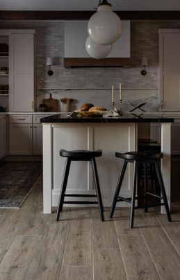 Interior, Kitchen, Pendant Lights, Recessed Lighting, Stainless Steel Appliances, Wooden Beams, Wood Texture Flooring