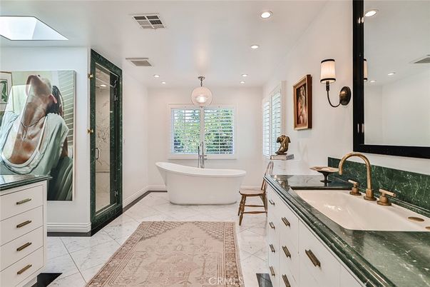 Bathroom, Dual Sink Vanities, Free Standing Baths, Interior, Marble, Pendant Lights, Recessed Lighting