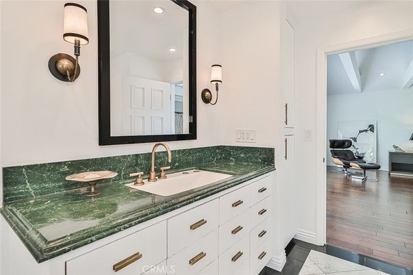 Bathroom, Dual Sink Vanities, Interior, Recessed Lighting, Wood Texture Flooring