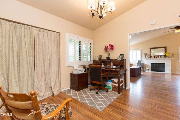 Chandelier, Fireplace, Home Office, Interior, Wood Texture Flooring