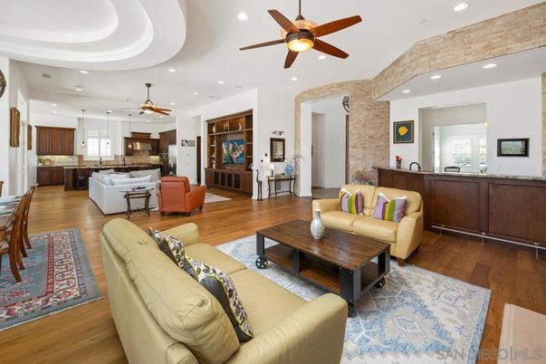 Interior, Kitchen, Living room, Pendant Lights, Recessed Lighting, Stone Walls, Wood Texture Flooring