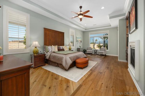 Bedroom, Fireplace, Interior, Recessed Lighting, Wood Texture Flooring