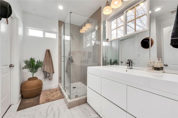 Bathroom, Glass Shower, Interior, Marble, Recessed Lighting