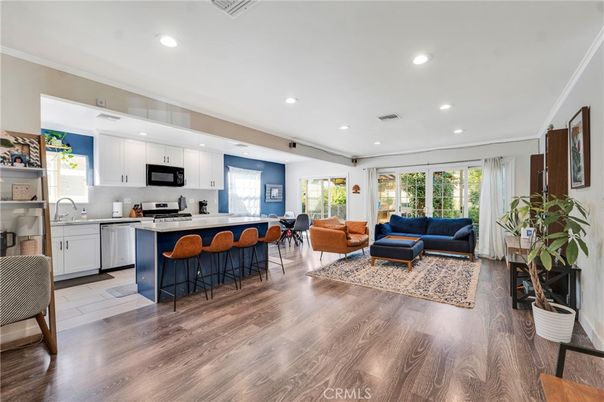 Interior, Kitchen, Living room, Recessed Lighting, Stainless Steel Appliances, Wood Texture Flooring