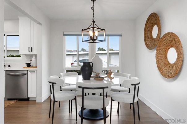 Dining room, Interior, Kitchen, Pendant Lights, Wood Texture Flooring