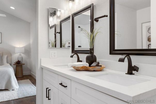 Bathroom, Dual Sink Vanities, Interior, Recessed Lighting, Wood Texture Flooring