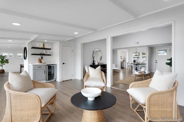 Dining room, Interior, Pendant Lights, Recessed Lighting, Wood Texture Flooring