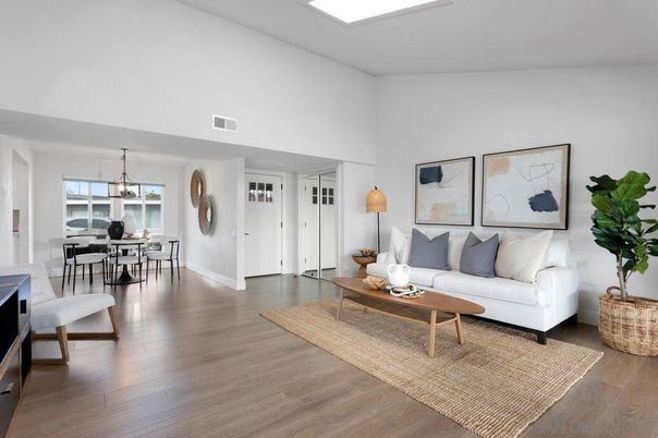 Dining room, Interior, Living room, Pendant Lights, Wood Texture Flooring