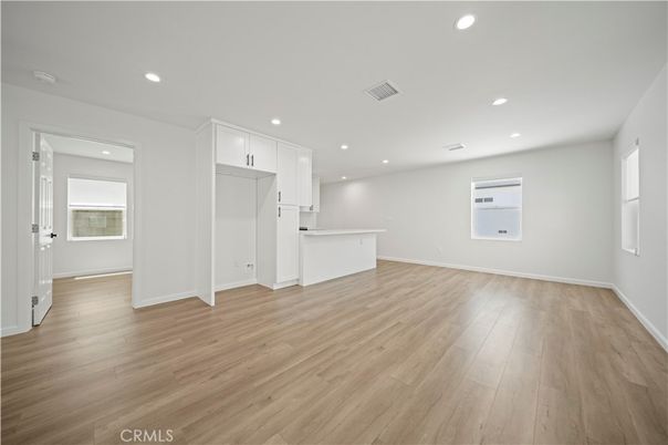 Empty room, Interior, Kitchen, Recessed Lighting, Wood Texture Flooring