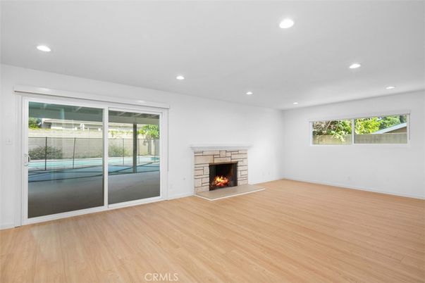 Empty room, Fireplace, Interior, Recessed Lighting, Wood Texture Flooring