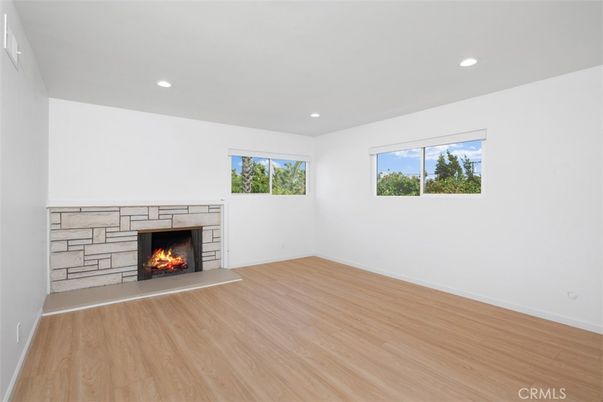 Empty room, Fireplace, Interior, Recessed Lighting, Wood Texture Flooring