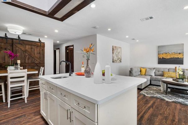 Dining room, Interior, Kitchen, Living room, Recessed Lighting, Wood Texture Flooring