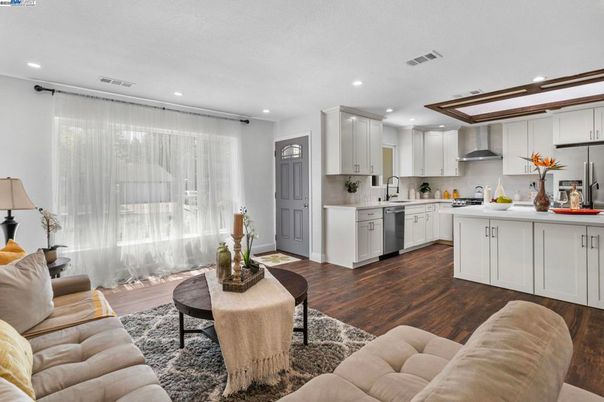 Interior, Kitchen, Living room, Recessed Lighting, Stainless Steel Appliances, Wood Texture Flooring