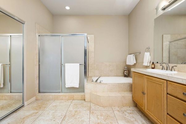 Bathroom, Glass Shower, Interior, Recessed Lighting, Tile Countertops