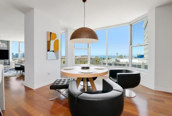 Dining room, Interior, Pendant Lights, Water, Wood Texture Flooring