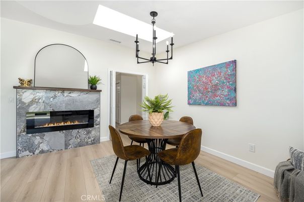 Chandelier, Dining room, Fireplace, Interior, Pendant Lights, Wood Texture Flooring
