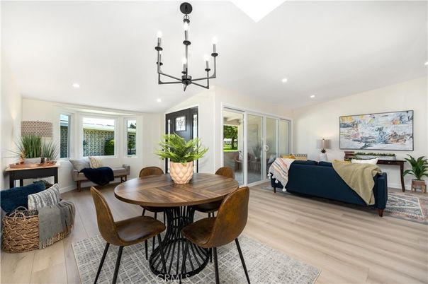 Chandelier, Dining room, Interior, Living room, Recessed Lighting, Wood Texture Flooring