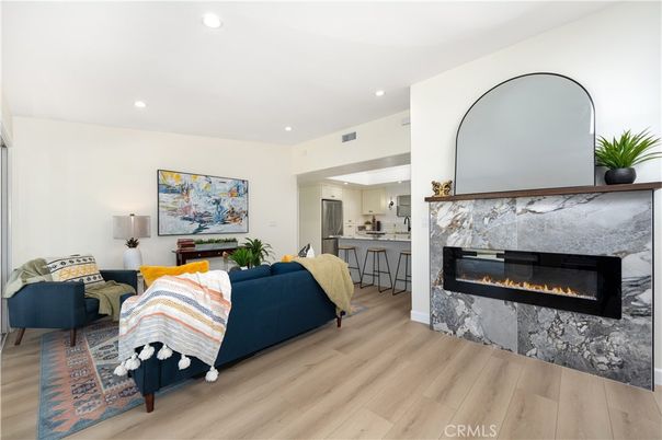 Fireplace, Interior, Kitchen, Living room, Recessed Lighting, Wood Texture Flooring