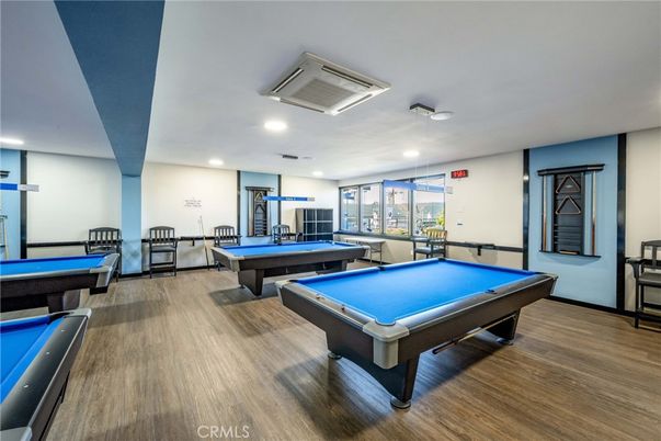 Billiard Table, Fitness Equipment, Game Room, Interior, Recessed Lighting, Wood Texture Flooring