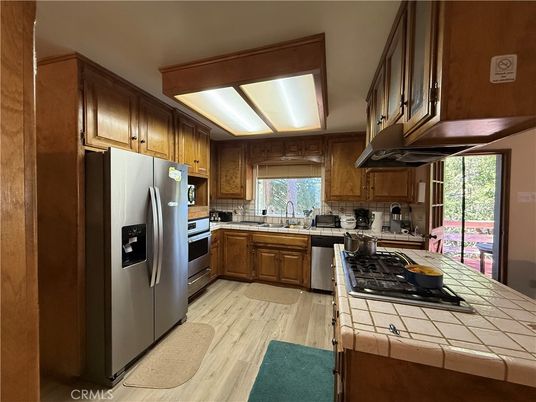 Interior, Kitchen, Tile Countertops, Wood Texture Flooring