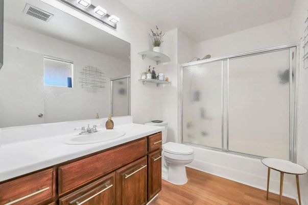 Bathroom, Glass Shower, Interior, Wood Texture Flooring