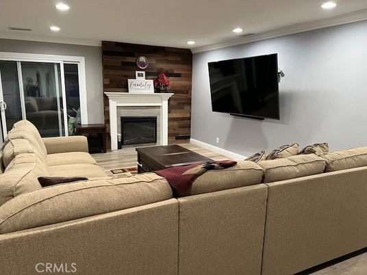 Fireplace, Interior, Living room, Recessed Lighting, Wooden Walls