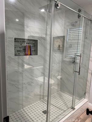 Bathroom, Glass Shower, Interior, Marble Walls, Recessed Lighting