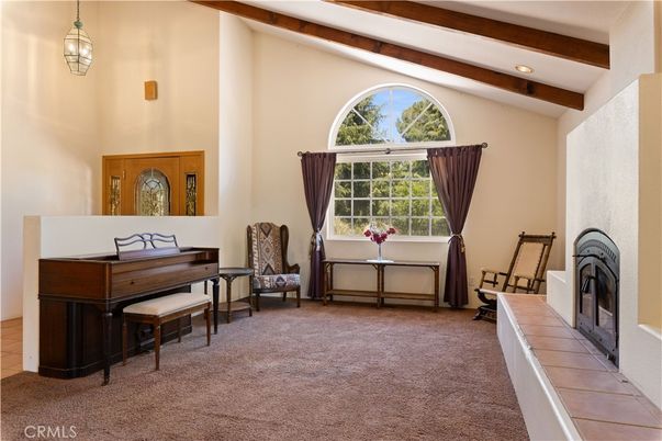 Fireplace, Interior, Pendant Lights, Piano, Recessed Lighting, Wooden Beams