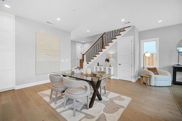 Dining room, Interior, Recessed Lighting, Wood Texture Flooring