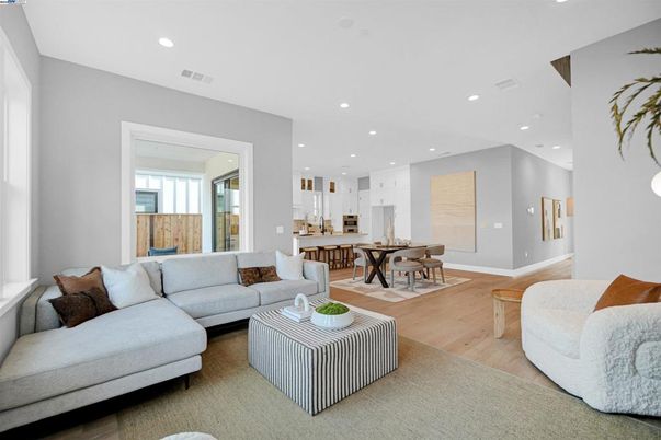 Dining room, Interior, Kitchen, Living room, Recessed Lighting, Wood Texture Flooring