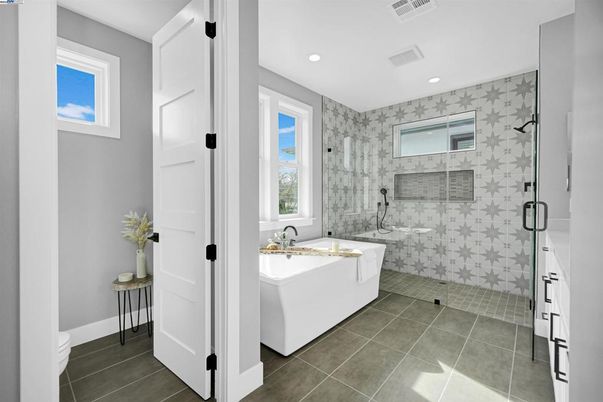 Bathroom, Free Standing Baths, Glass Shower, Interior, Recessed Lighting