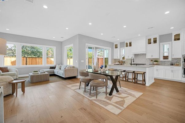 Dining room, Interior, Kitchen, Living room, Recessed Lighting, Wood Texture Flooring