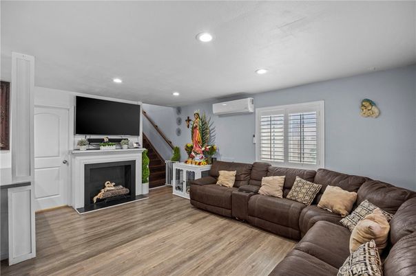 Fireplace, Interior, Living room, Recessed Lighting, Wood Texture Flooring