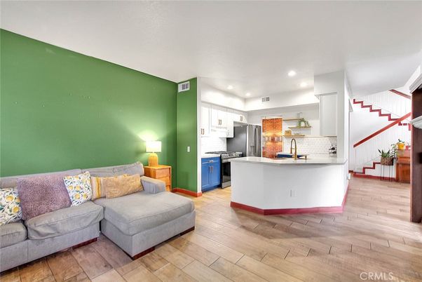 Interior, Kitchen, Living room, Recessed Lighting, Stainless Steel Appliances, Wood Texture Flooring