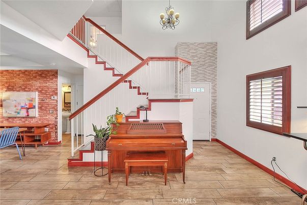 Chandelier, Interior, Piano, Stone Walls, Wood Texture Flooring