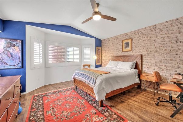 Bedroom, Home Office, Interior, Stone Walls, Wood Texture Flooring