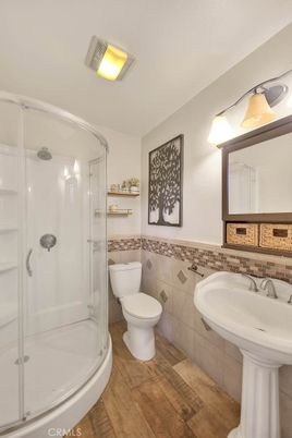 Bathroom, Glass Shower, Interior, Wood Texture Flooring