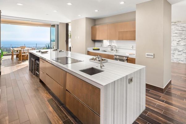 Dining room, Interior, Kitchen, Recessed Lighting, Stainless Steel Appliances, Water, Wood Texture Flooring